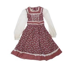 Vintage 70s Gunne Sax Jeunes Filles Burgundy Floral Prairie Dress Girls 7